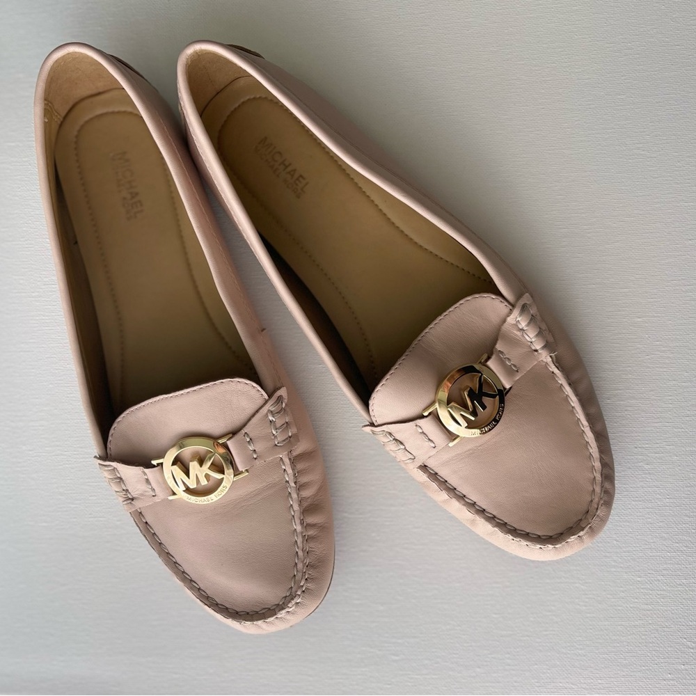 Michael Kors Tan Leather Loafers Flats Moccasins Gold MK Logo Wm's Size 10